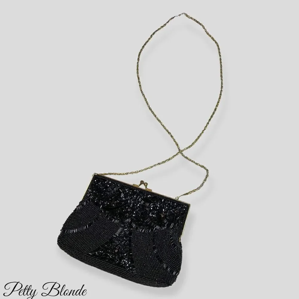 Elegant Black Beaded Clutch: Stunning Beadwork,‎ Dainty Strap, & Bronze Hardware